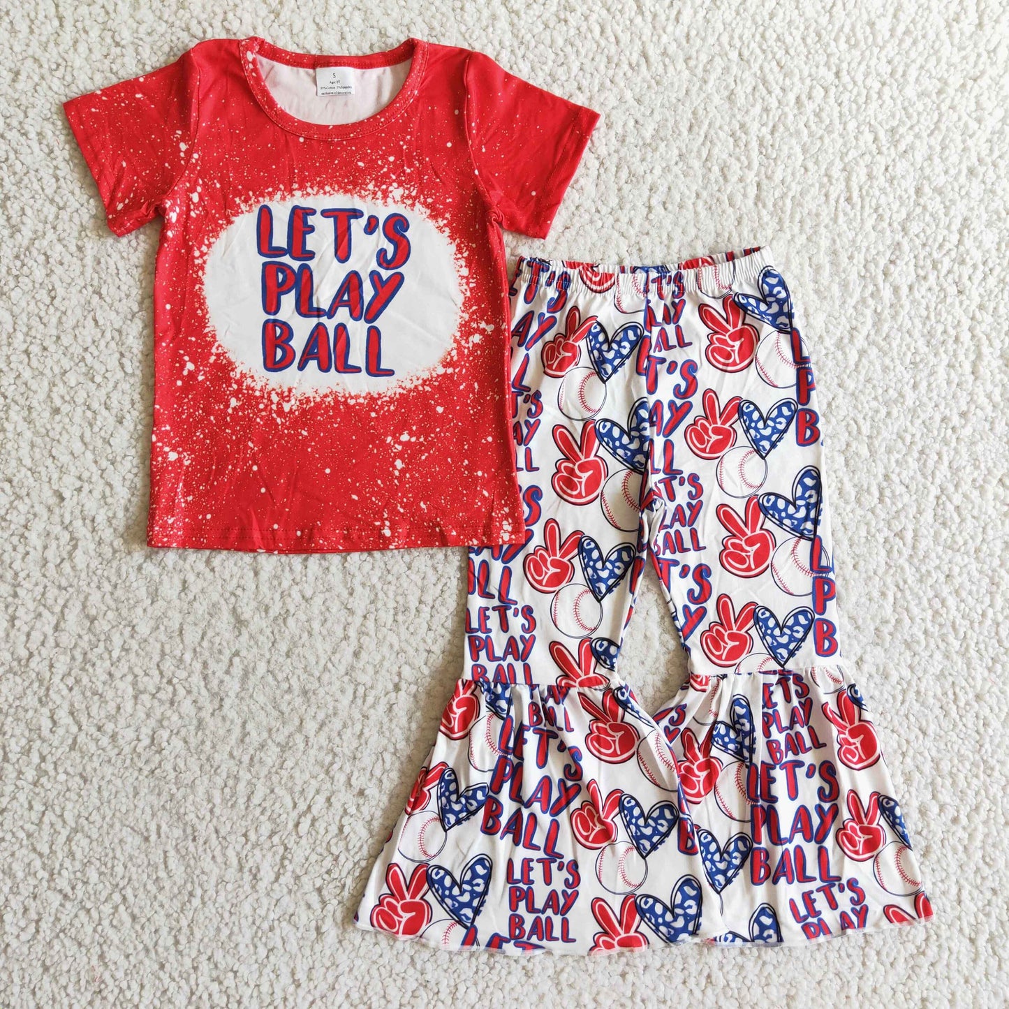 B0-12 RTS let's play ball red letters baseball white short sleeve bell bottom girl outfit 1118