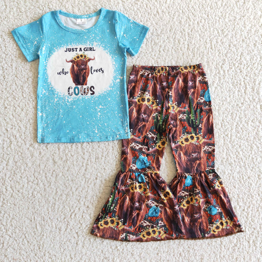 promotion B0-3 RTS  just a girl who loves cows letters blue sunflower brown short sleeve bell bottom 1118 girl outfit