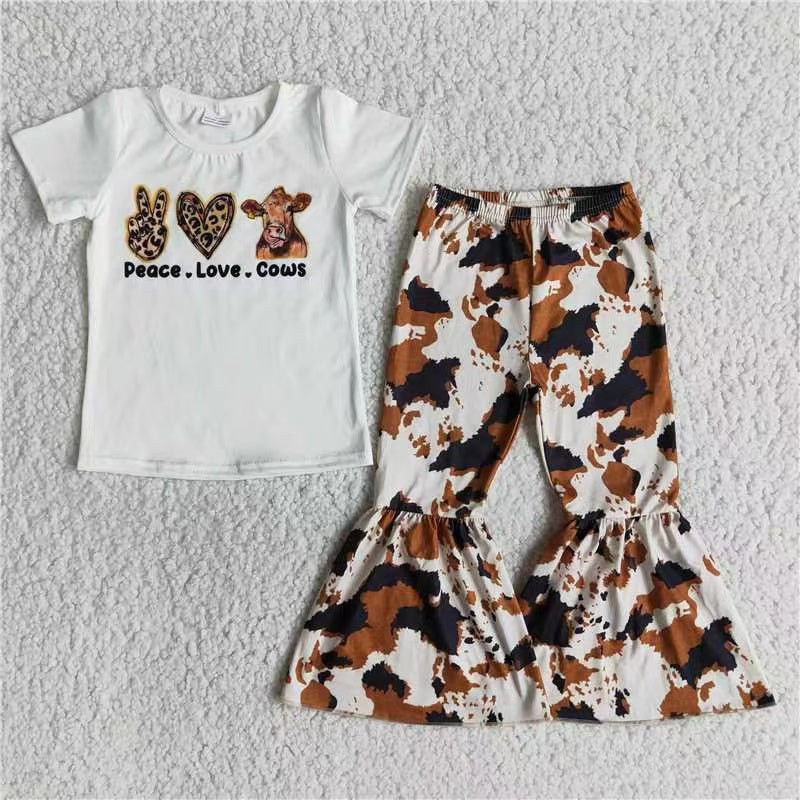 promotion B10-16 white cow print short sleeve bell bottom pant outfit 20230412 RTS