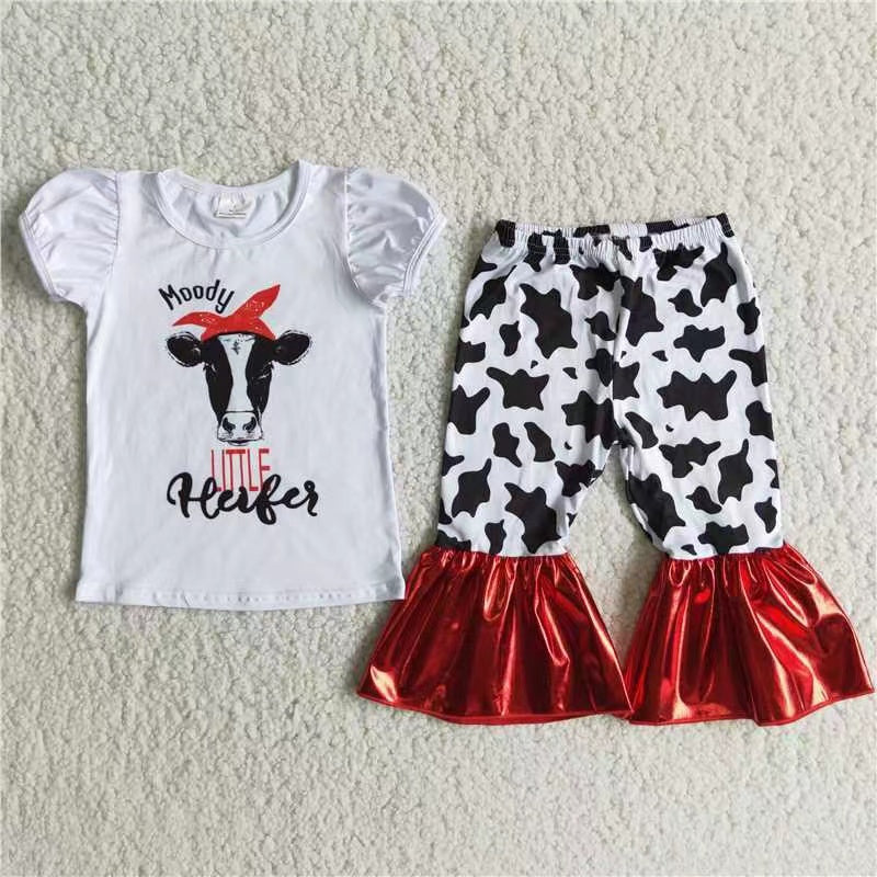 B13-1 Cow white milk red short sleeve bell bottom outfit RTS 1221