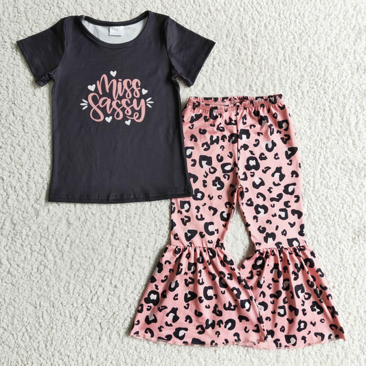 1119 RTS miss sassy letters pink leopard print girl short sleeve bell bottom pant outfit B14-14