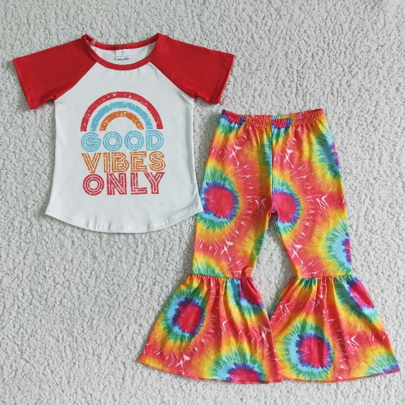 promotion B14-15 good vibes only letters tie dye girls short slevee pants kids clothes outfits02