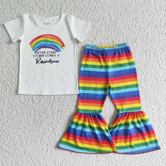 promotion B14-3 rainbow letters stripe white short sleeve bell bottom pant girl outfit