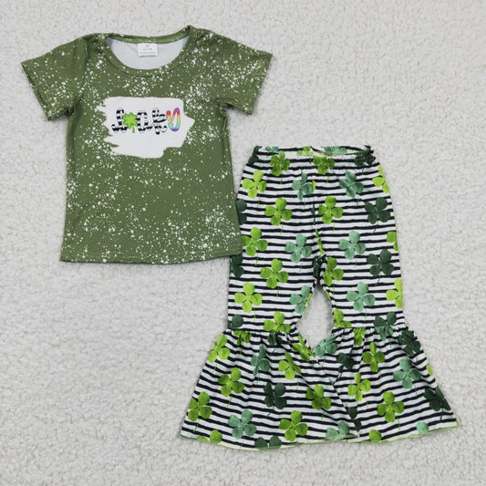 B14-4 St. Patrick lucky clover green stripe short sleeve bell bottom pant outfit 20230214 RTS