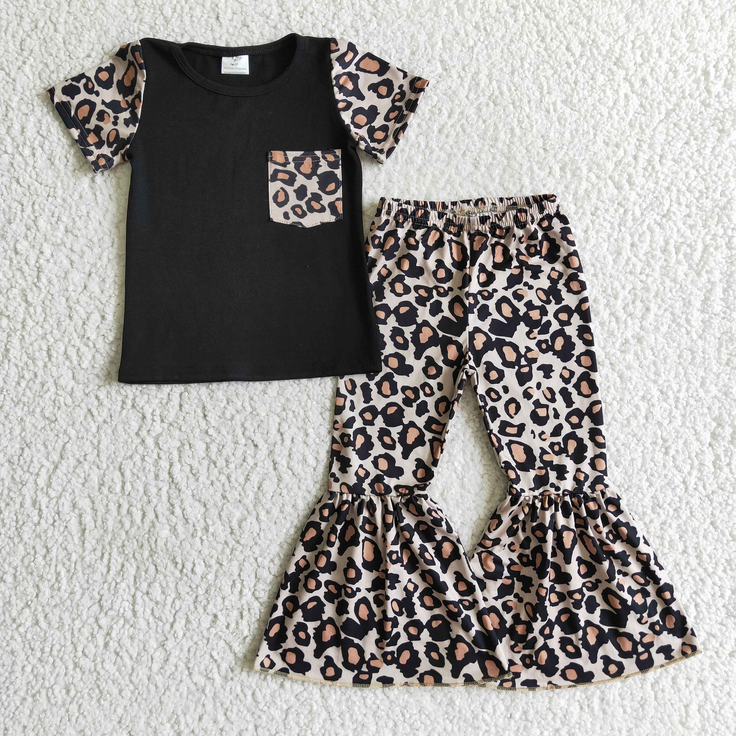 promotion B15-14 black raglan leopard print pocket short sleeve bell bottom pant girl outfit  RTS