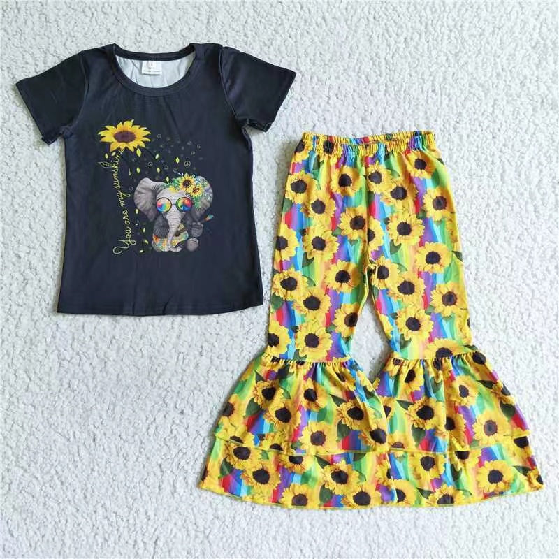 B16-10 yellow sunflower elephant short sleeve bell bottom girl outfit RTS 20230308