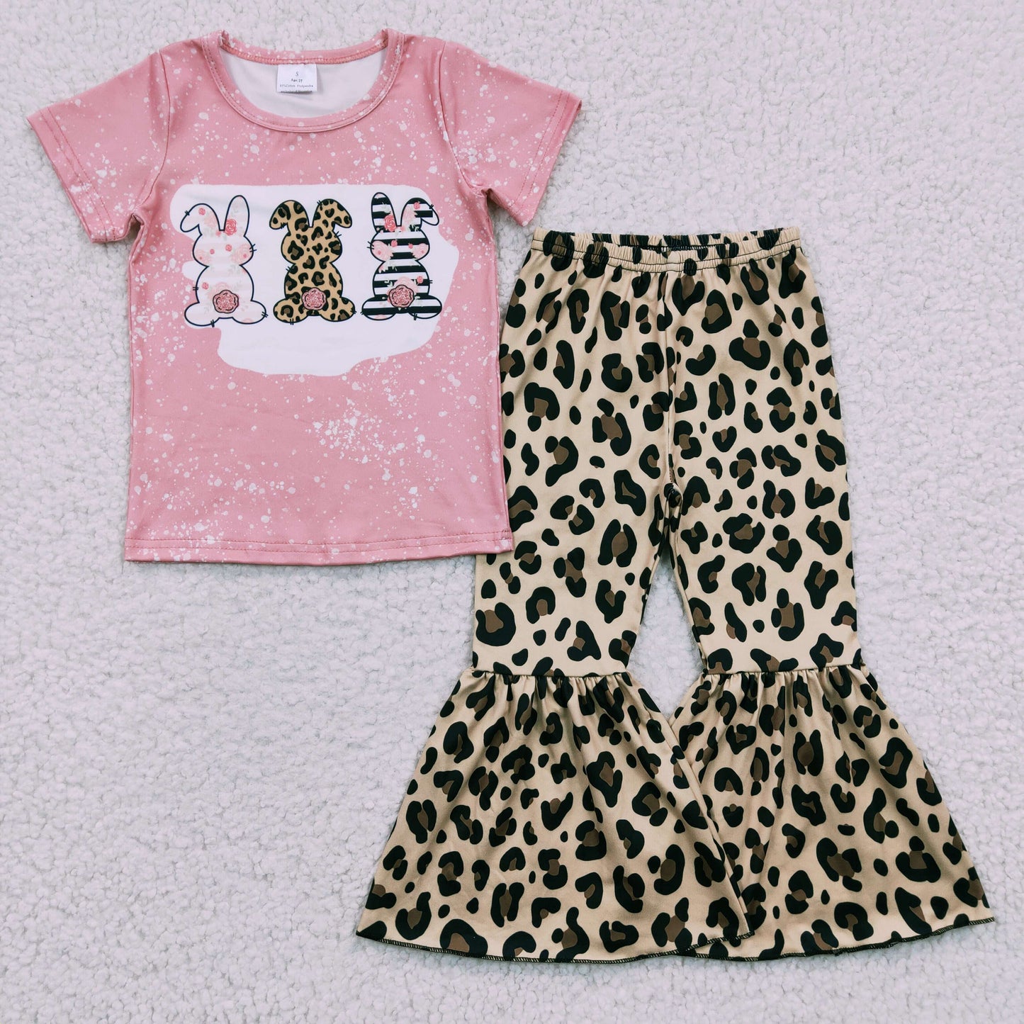 B17-12 rabbit leopard print Easter pink short sleeve bell bottom pants outfit 20230211 RTS