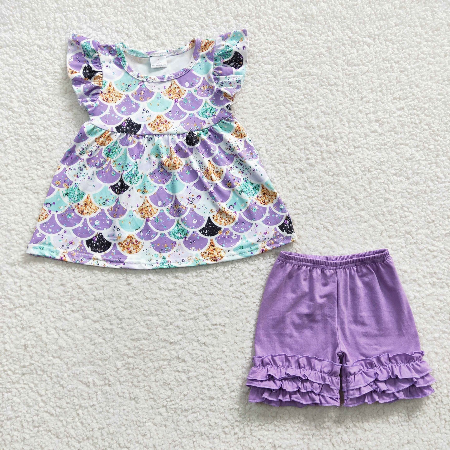 Promotion B17-9 Mermaid scale puffy top set purple ruffles short sleeve shorts outfits