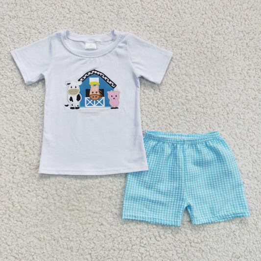 promotion B18-12 Farm cow embroidery short sleeve shorts SUMMER boy outfits RTS 202405