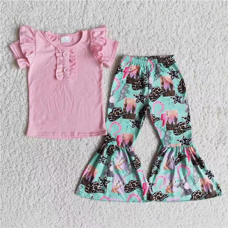 promotion B2-11 pink ruffles button leopard print hat star green cowgirl short sleeve bell bottom outfit 20230328 RTS