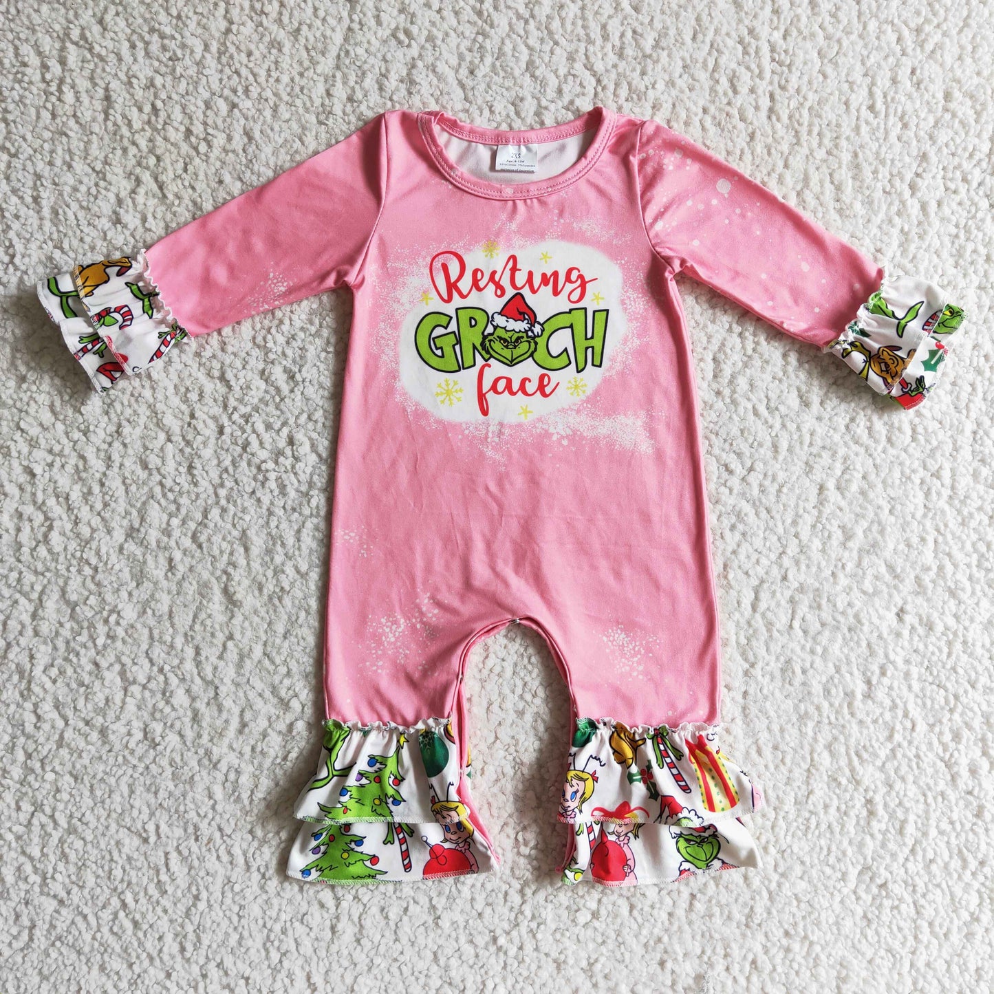 0912 RTS christmas cartoon green grin  pink girl romper