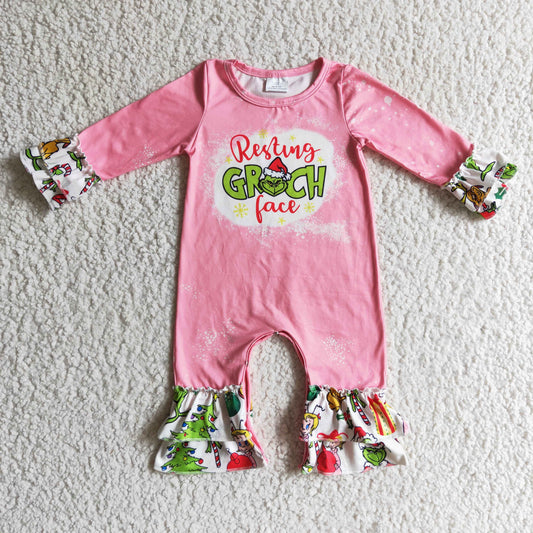 0912 RTS christmas cartoon green grin  pink girl romper