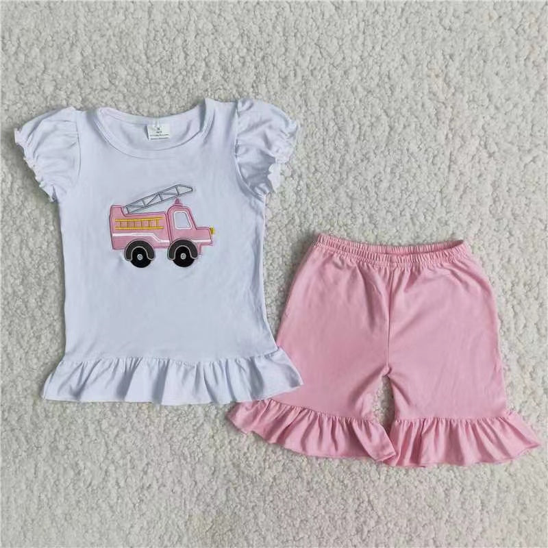 B3-4 Firetruck embroidery white red plaid girl summer short sleeve shorts outfits 20230330 RTS