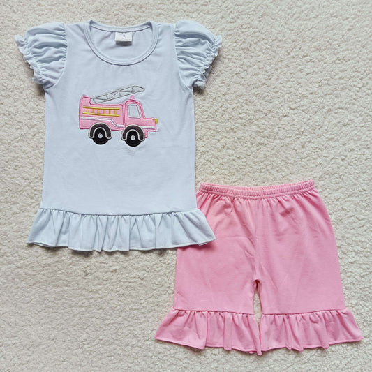 B3-4 Firetruck embroidery white red plaid girl summer short sleeve shorts outfits 20230330 RTS