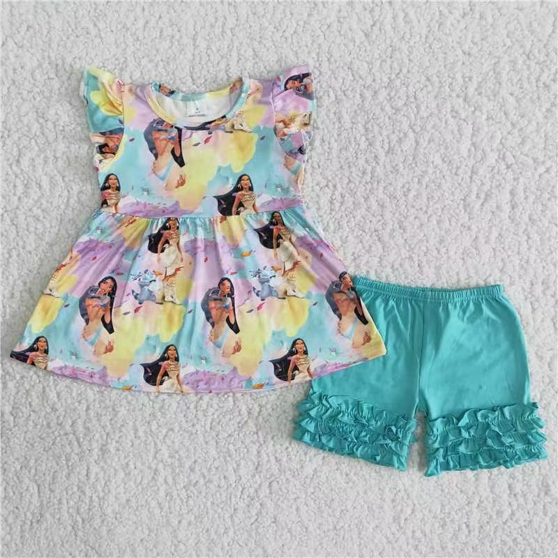 promotion B4-2 cartoon colorful puffy blue ruffles short sleeve shorts girl outfit 20230323 RTS