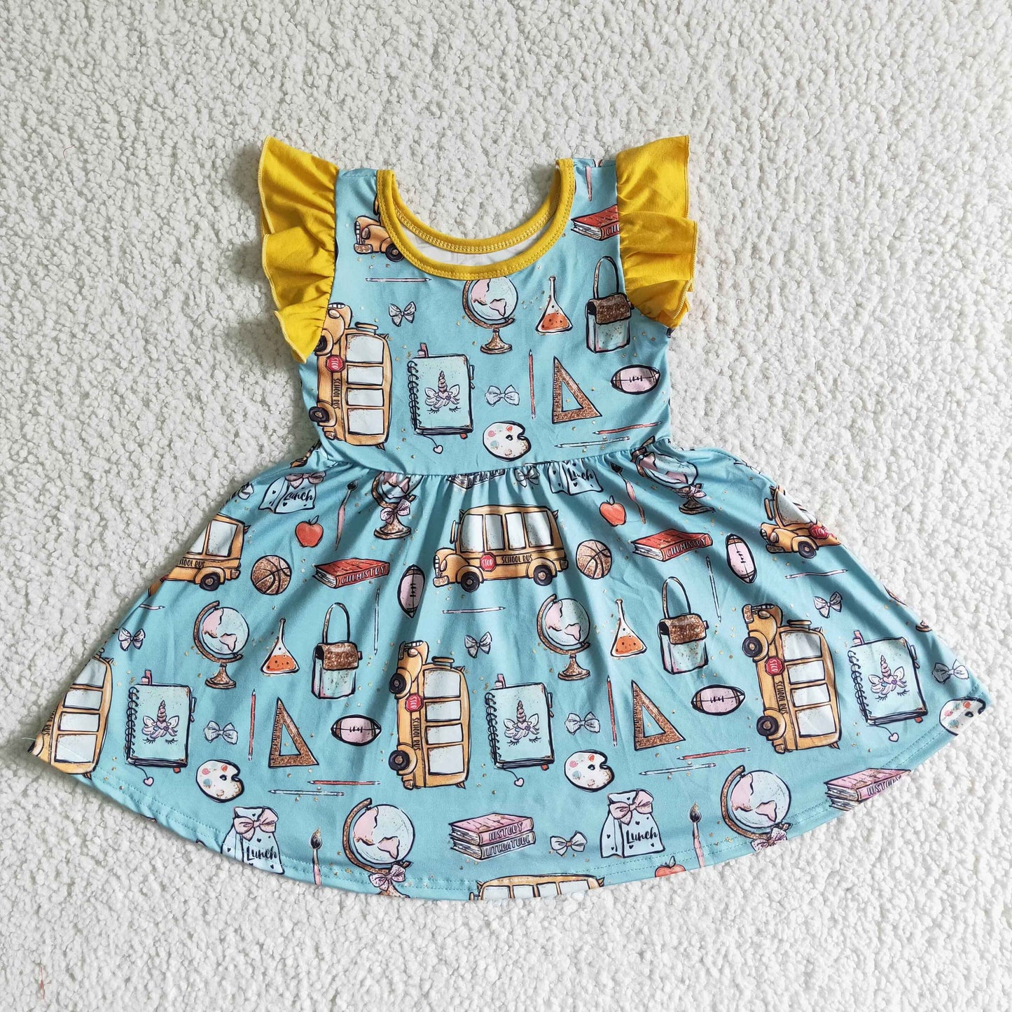 back to school car globe print yellow puffy sleeves dresses 0416