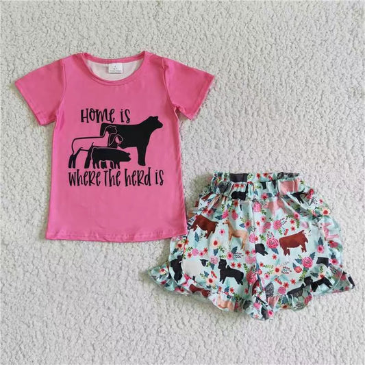 B5-22 pink letter top farm animals print short sleeves summer ruffles shorts 20230328 RTS