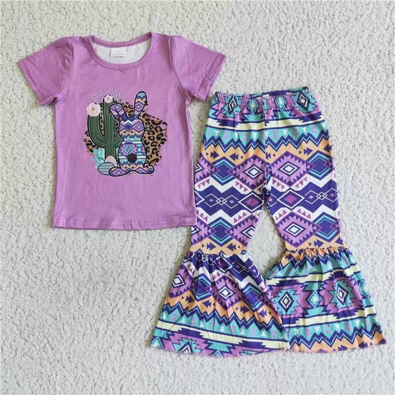 promotion Easter girl cactus rabbit purple short sleeve bell bottom pants outfit 20230404