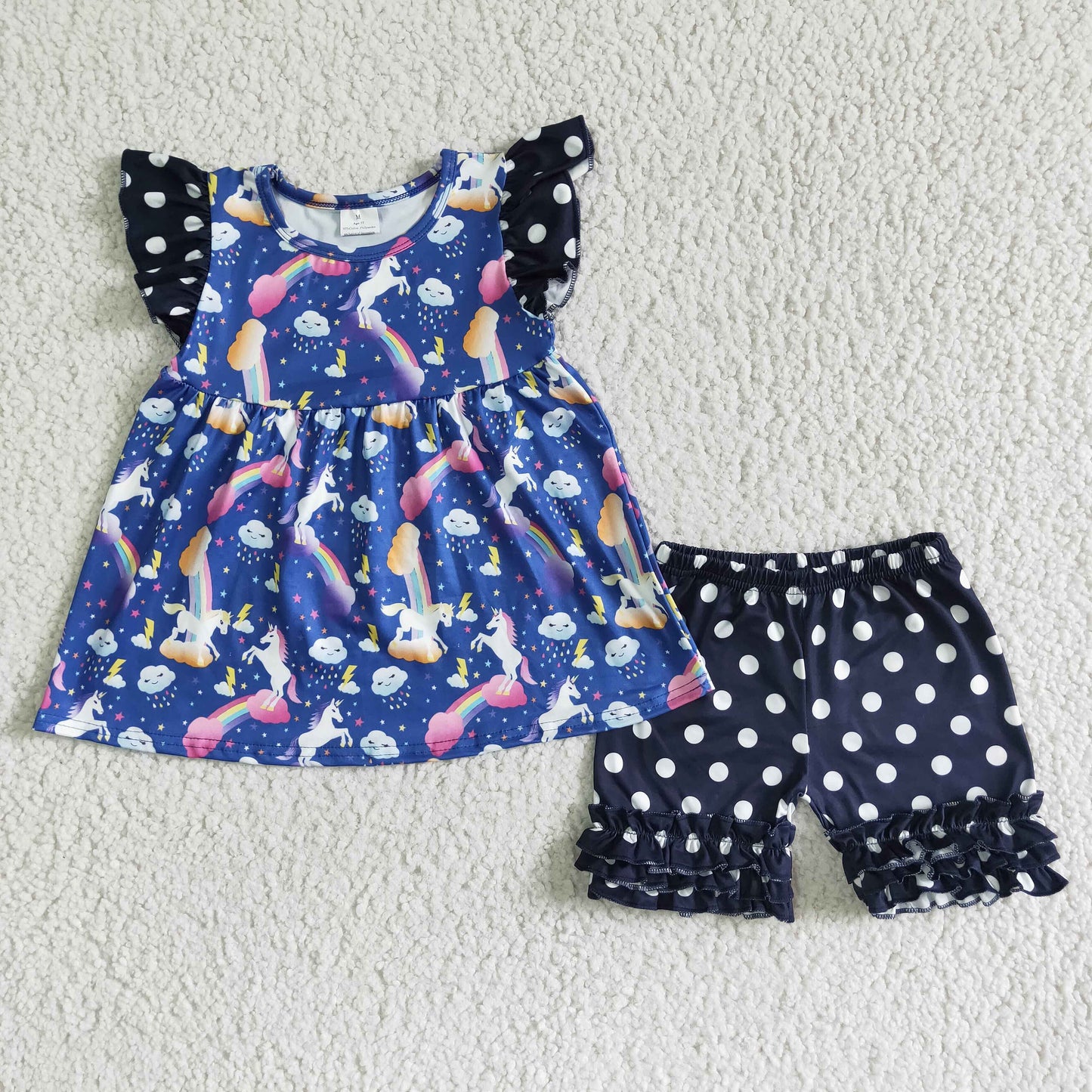 promotion price C9-21  RTS Blue unicorn rainbow cloudy puffy polka dots ruffles short sleeve shorts girl outfits 0524