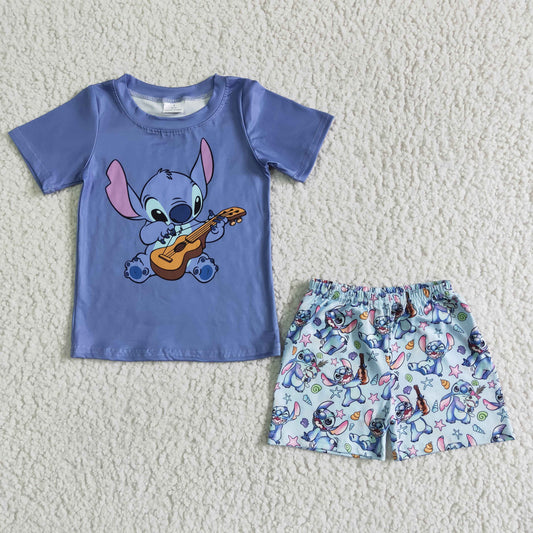 BSSO0027 blue top cartoon baby guitar print short sleeve shorts boy outfits 20230308 RTS