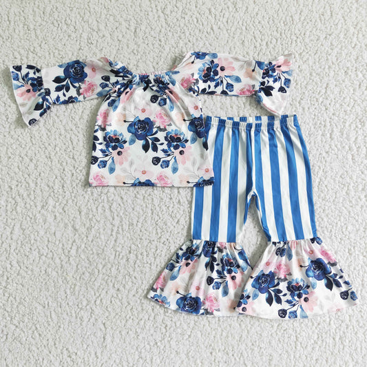 promotion RTS purple flower off shoulder flare long sleeve stripe bell bottom pants girl outfit 0610