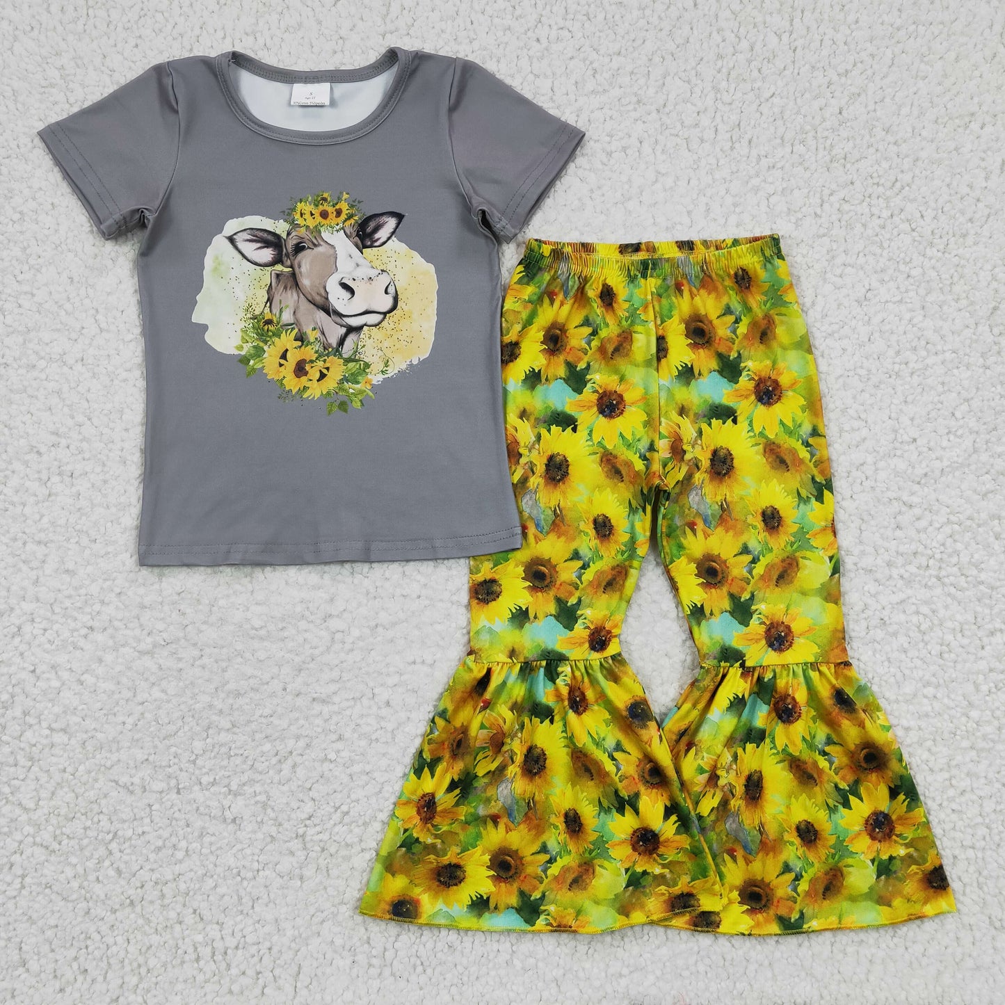 promotion price B9-15 cow sunflower short sleeve bell bottom girl outfit RTS 202405