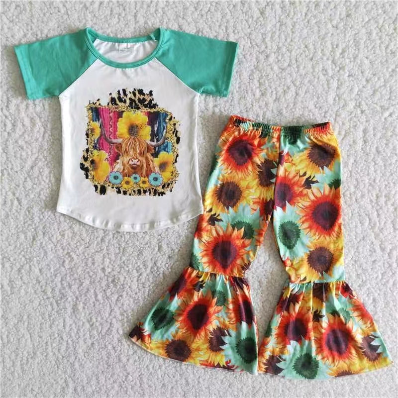 promotion B9-3 green raglan cow sunflowers short sleeve bell bottom outfit 0716 RTS