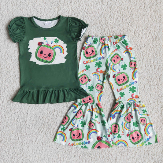 promotion RTS D9-2 clover rainbow girl cartoon short sleeve bell bottom pant outfit