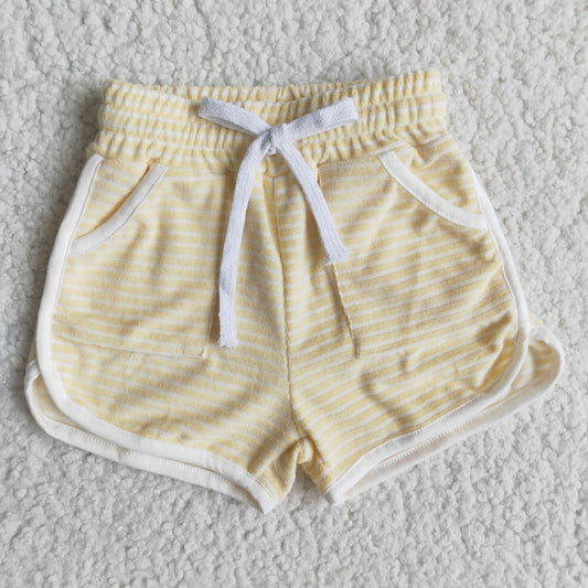 yellow white stripe pocket girls towel fabric sports shorts 0124