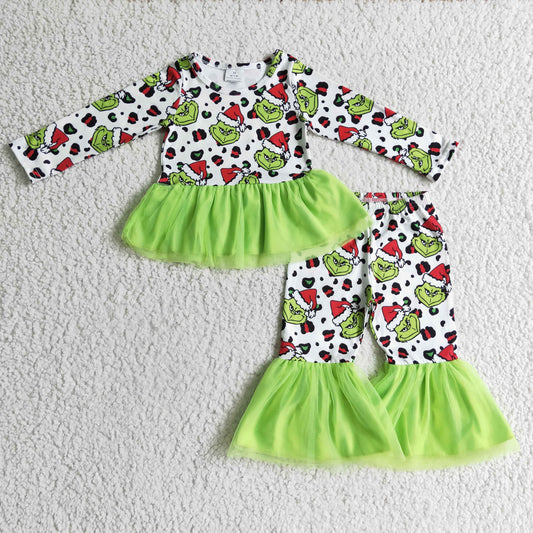 GLP0301 green cartoon gauze christmas long sleeve girl TULLE pajamas outfit 20230606 RTS