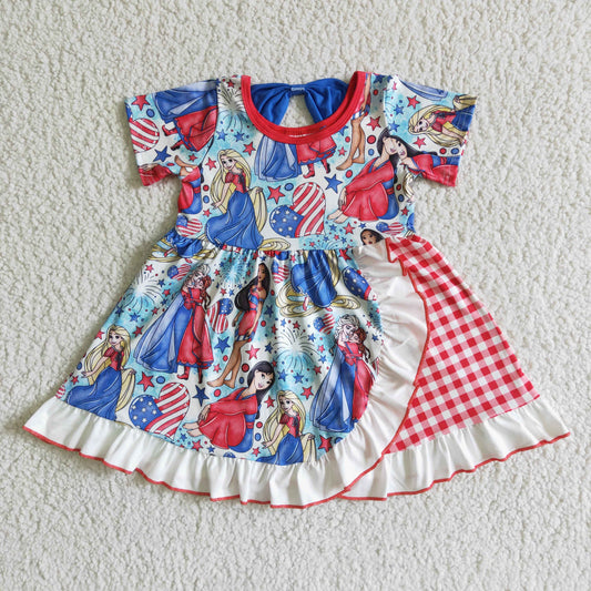 stars 4th of july red plaid princess blue white short sleeve girl dress