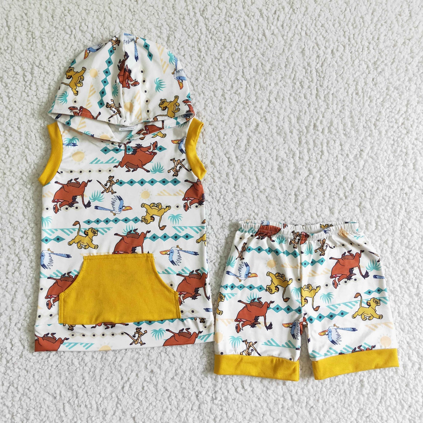 BSSO0039 pockets yellow blue triangle chevron ruffles cartoon lions sleeveless hoodies boy shorts 0512