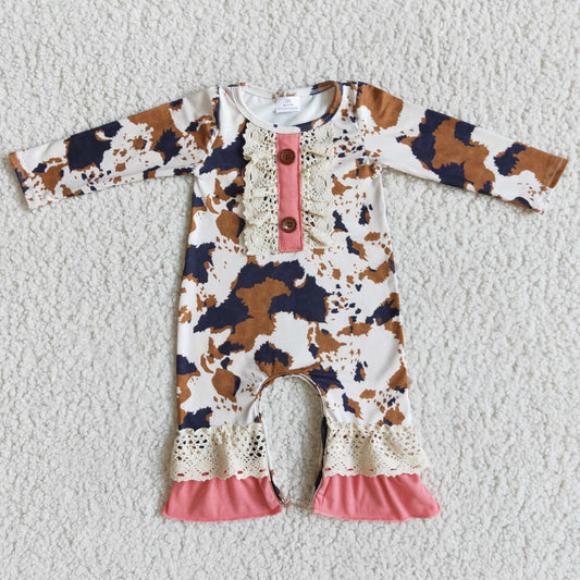girl lovely cow print pink lace long sleeve romper