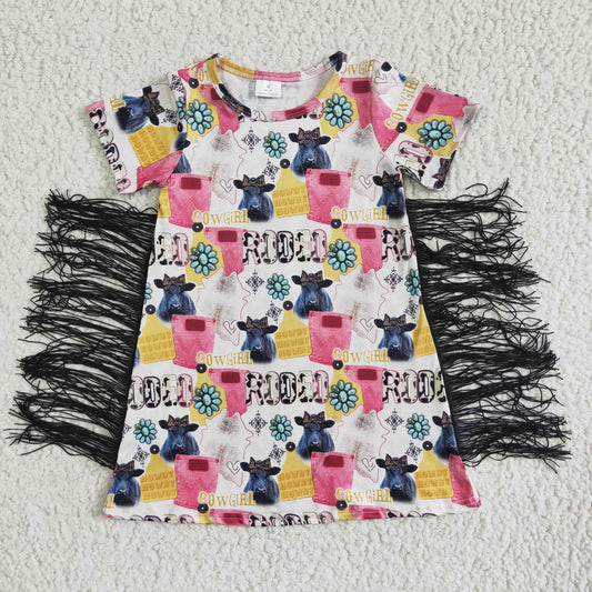 promotion RTS catle cow green gem leopard rodeo tassel short sleeve summer girl dress real pic 0528