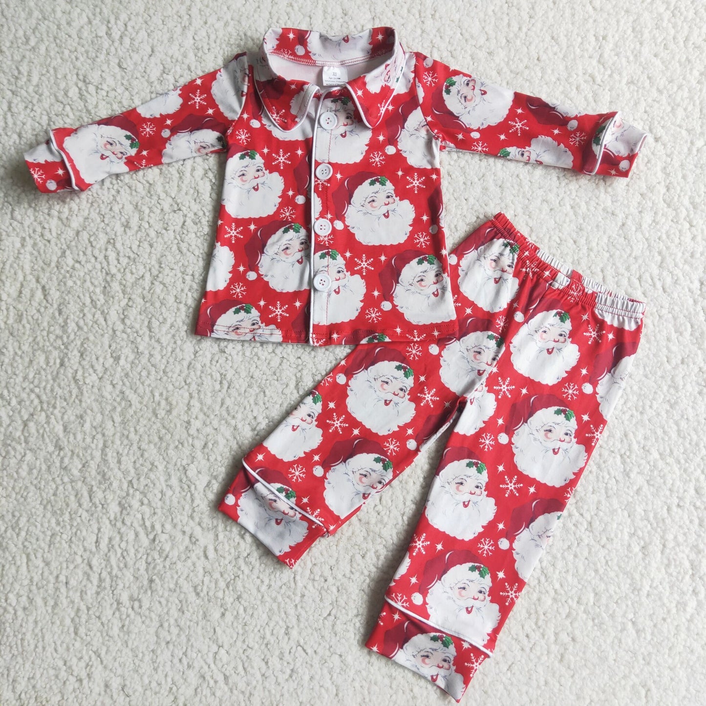 holiday christmas boys santa print button collar red long sleeve pajamas outfits