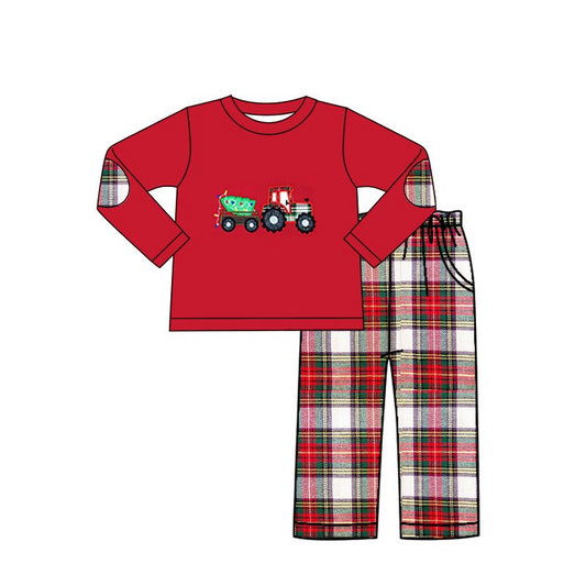 Preorder red tractor long sleeve red plaid pants boy outfit clothes Christmas 0616