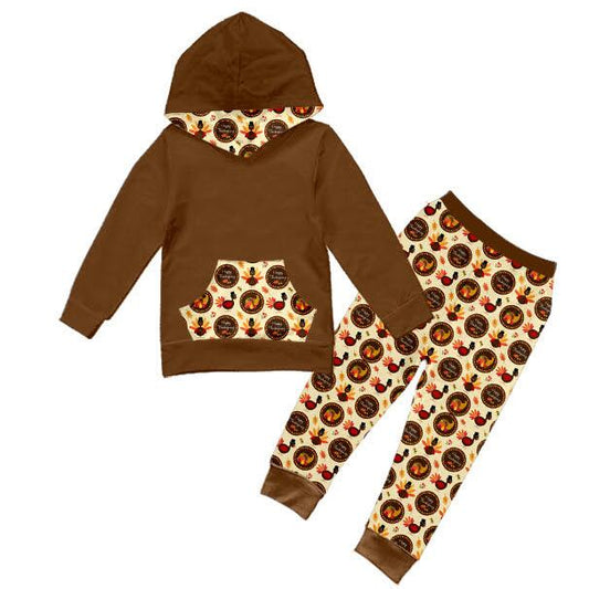 preorder brown hoodie pocket Thanks giving long sleeve jogging pants boy outfit 0629