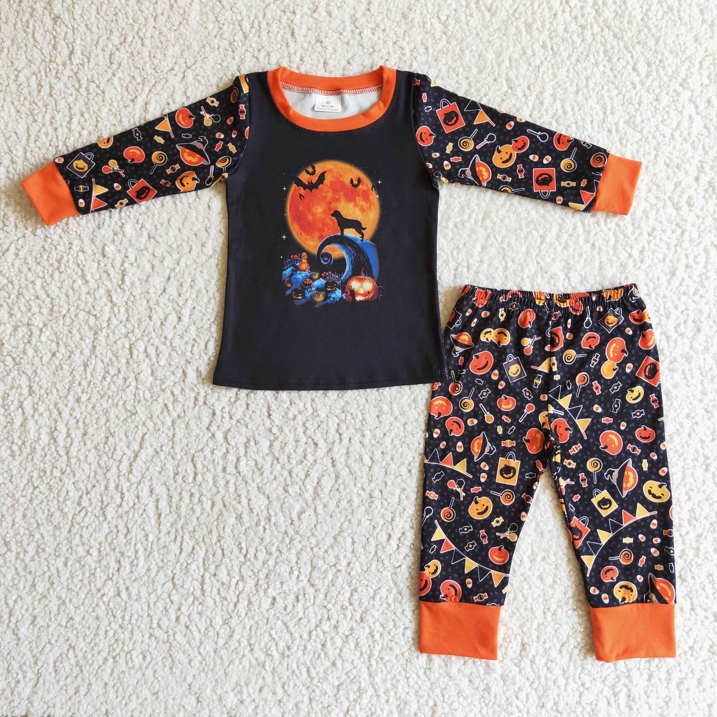 BLP0024 promotion 202409  orange moon wolf bat halloween long sleeve jogging pants boy pajamas outfit