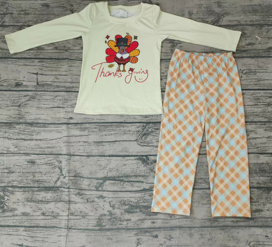 Preorder Thanksgiving long sleeve orange plaid pants baby boy outfit 0728