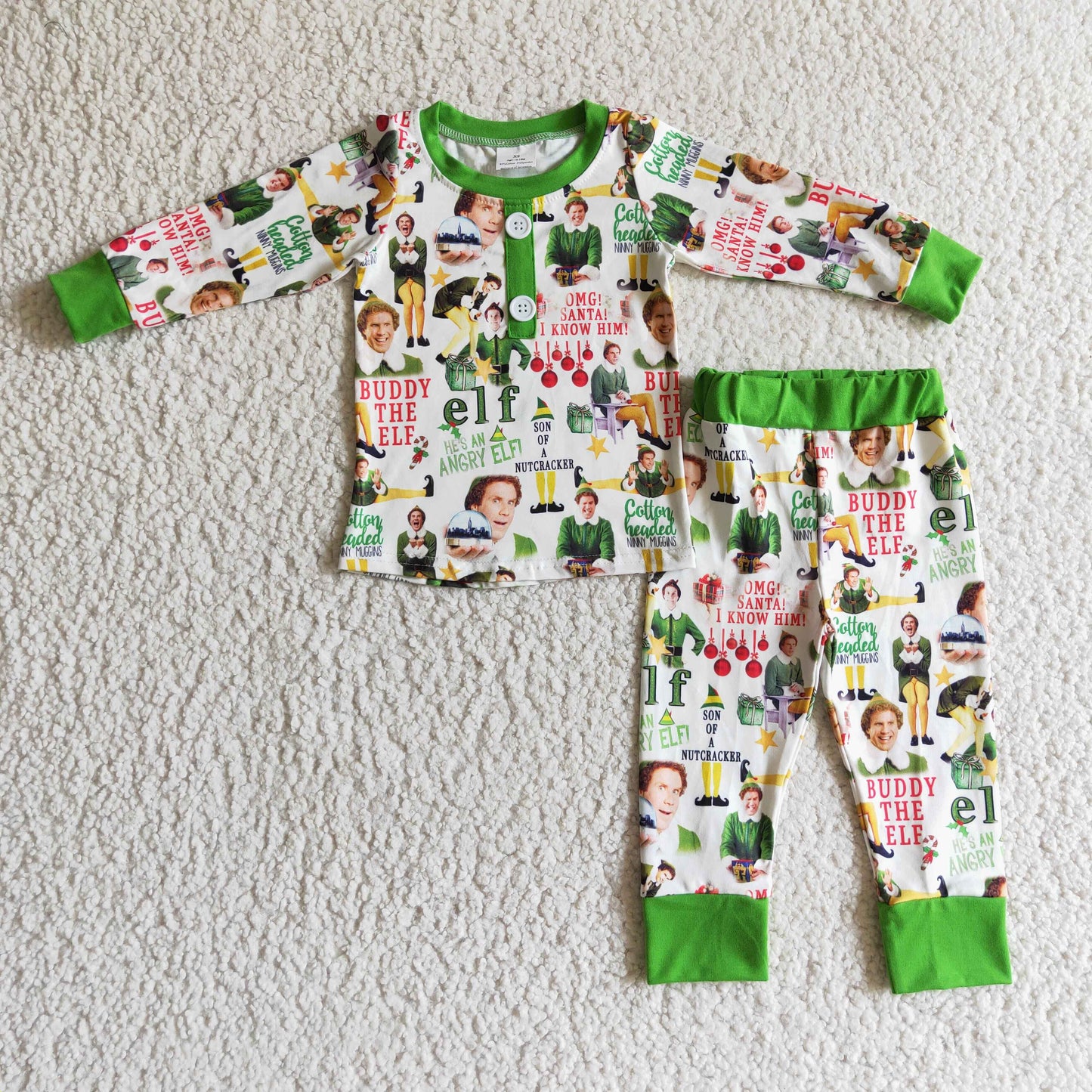 promotion BLP0077 RTS christmas cartoon green red little men long sleeve boy pajamas outfit