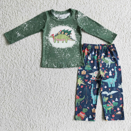 Promotion 202408 RTS promotion BLP0105 christmas dinosaur green long sleeve boy pajamas outfit set RTS