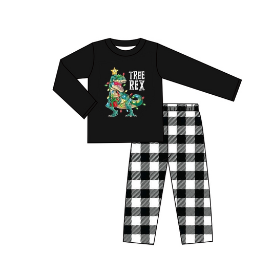 preorder black plaid dinosaur tree rex long sleeve boy pajamas outfit 0908