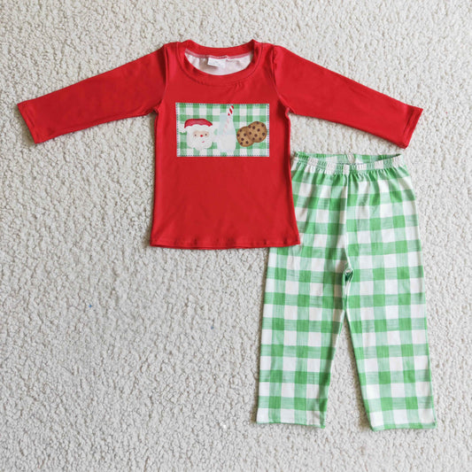 BLP0109 RTS Christmas Santa cookies long sleeve green plaid boy outfit 1108