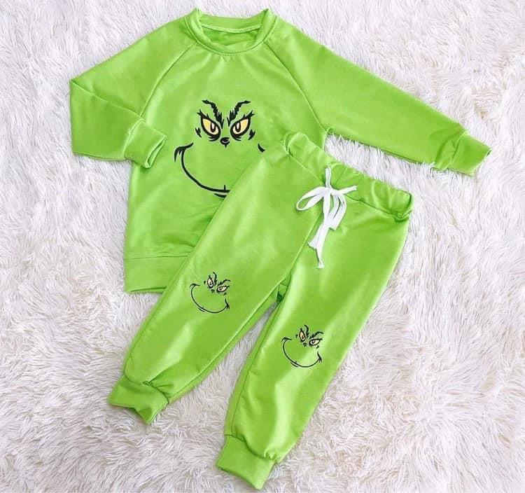 preorder green grin applique long sleeve girl pajamas 0908 的副本