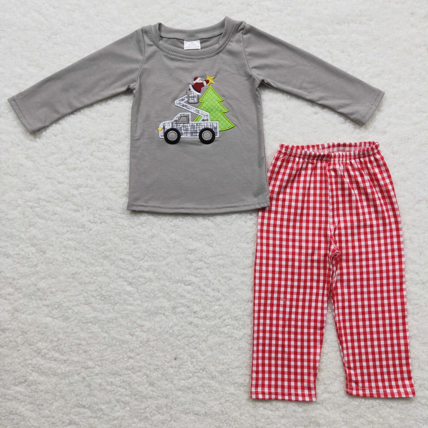 promotion BLP0135 plaid long sleeve christmas fire truck boy outfit pajamas 1121