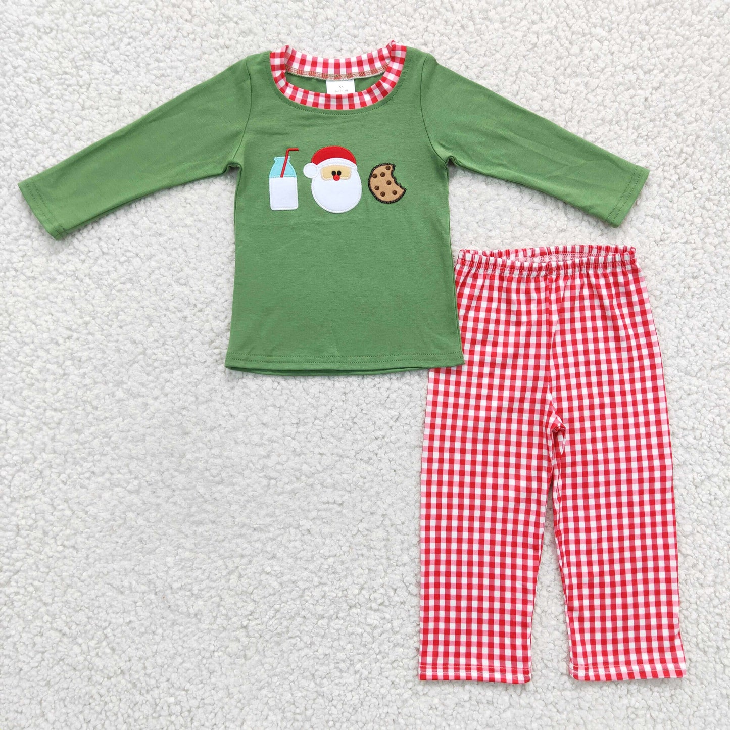 BLP0147 RTS cotton embroidery christmas Santa milk cookie green long sleeve boy outfit pajamas 1121