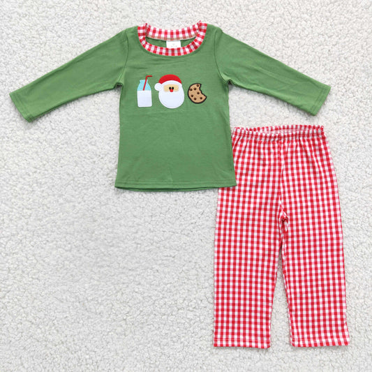 BLP0147 RTS cotton embroidery christmas Santa milk cookie green long sleeve boy outfit pajamas 1121