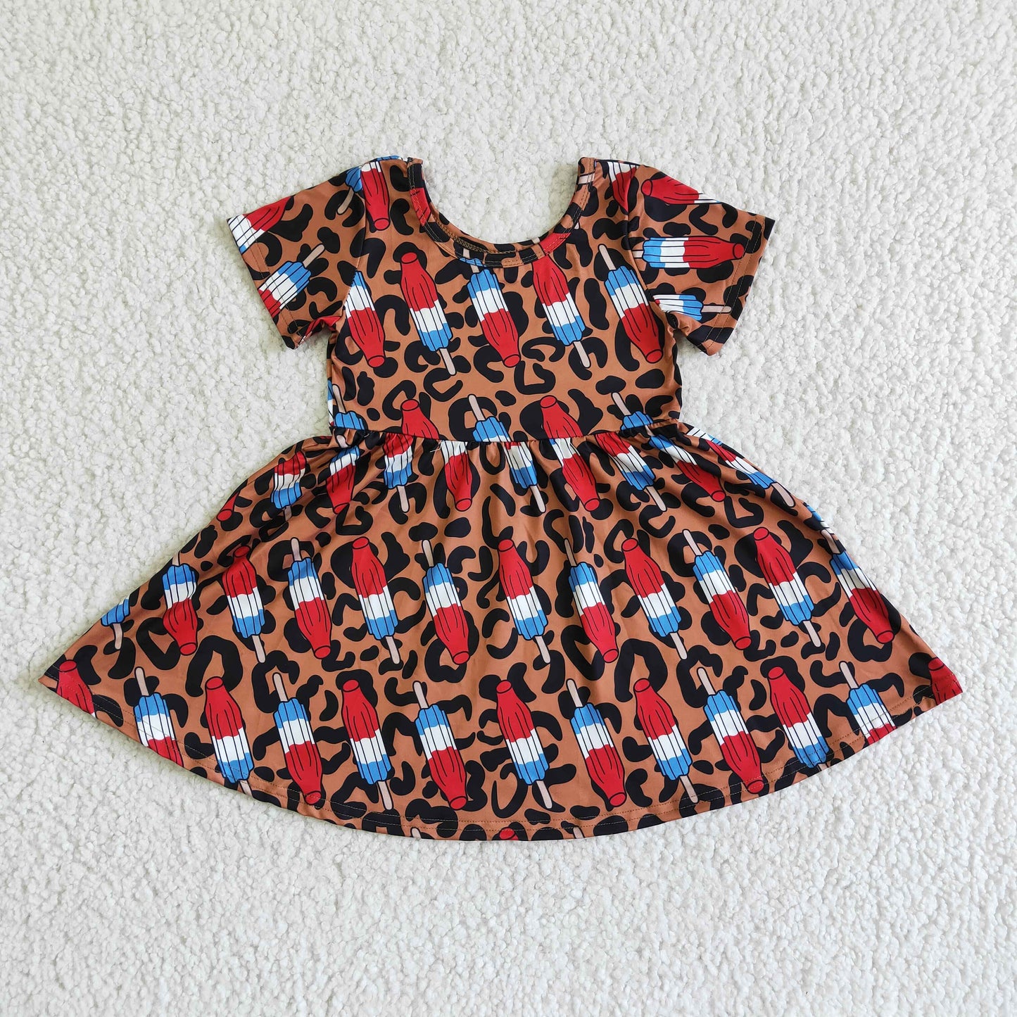 promotion American national Day 4th summer girl dress rocket umbrella brown leopard short sleeve dress 0503