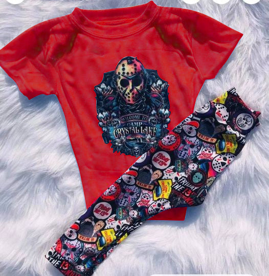 Promotion 202410  RTS red short sleeve halloween skull camp pants boy outfit