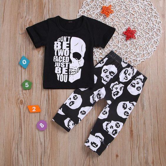 0719 RTS white black halloween skull short sleeve boy outfit